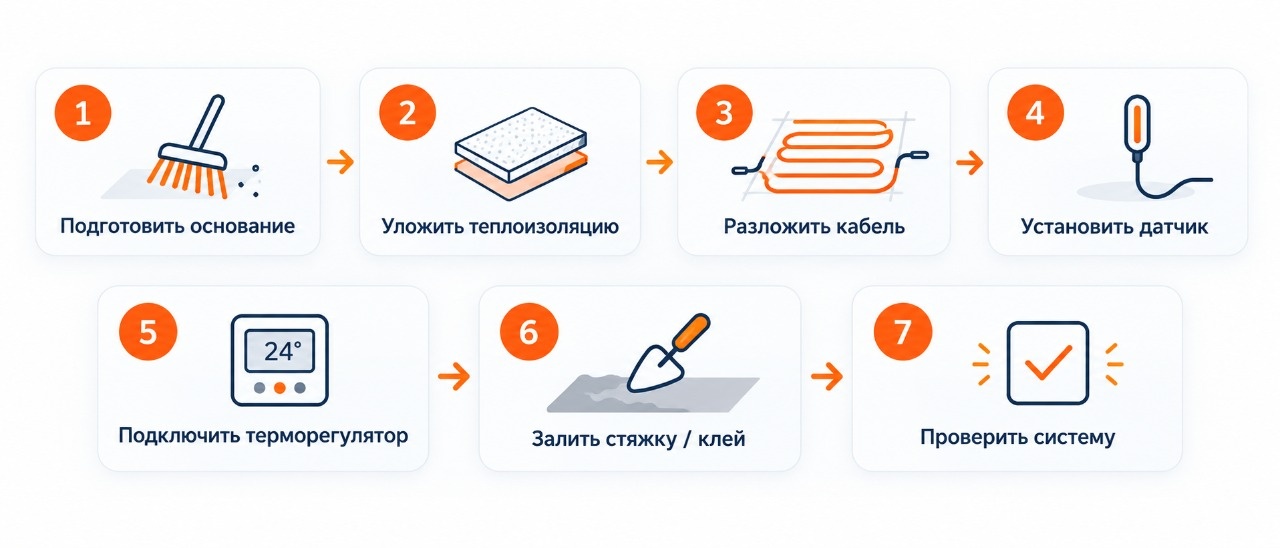 Этапы монтажа кабельного тёплого пола